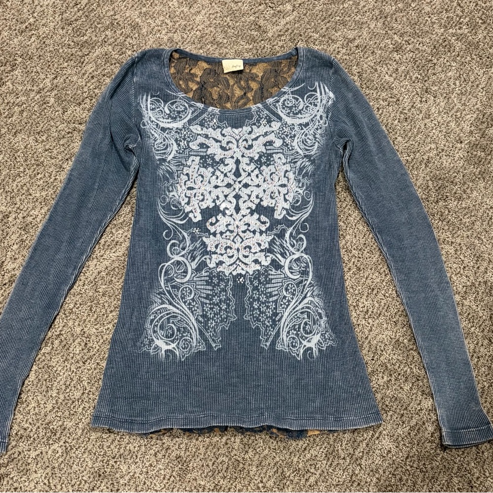 Daytrip Blue Long Sleeve Top with Lace Accents